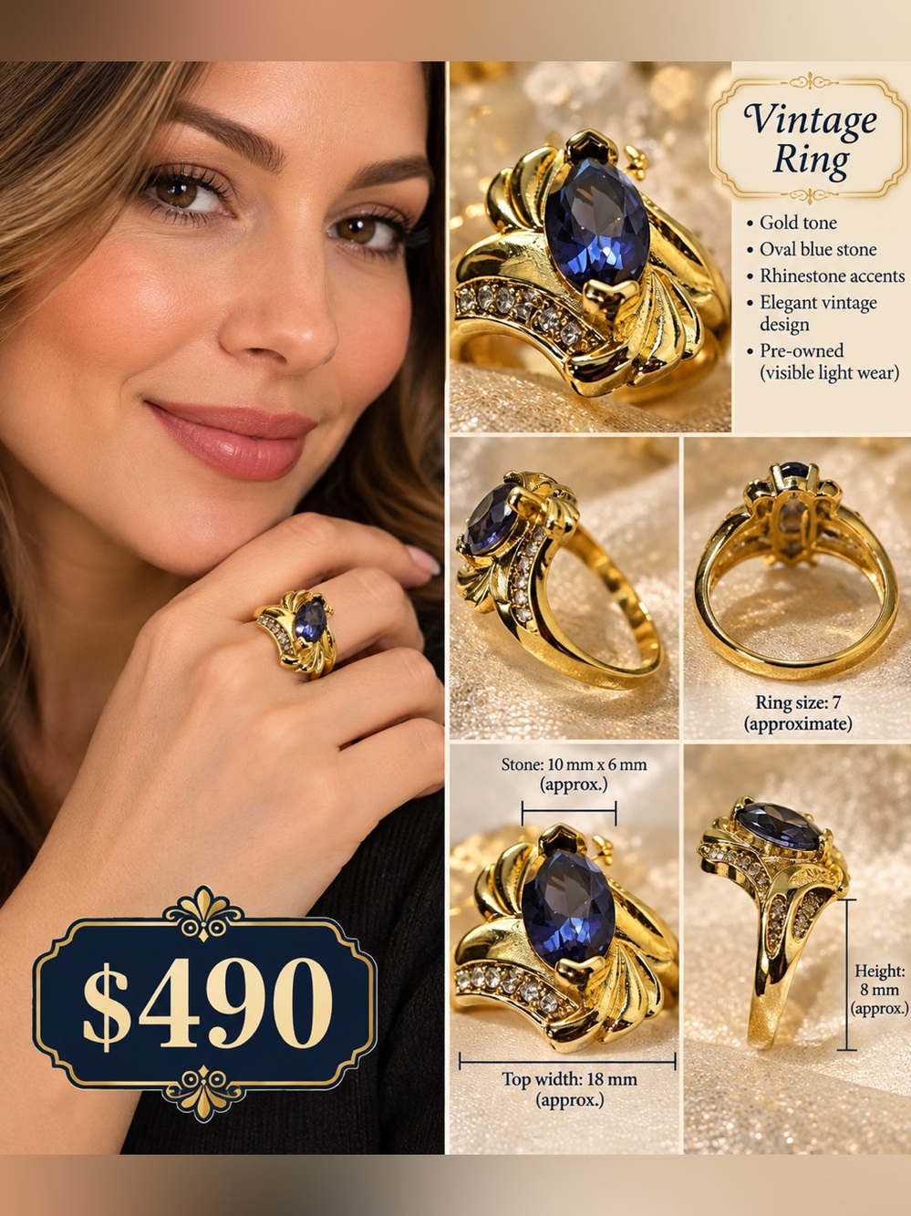 Vintage Gold tone and Blue Gemstone Ring